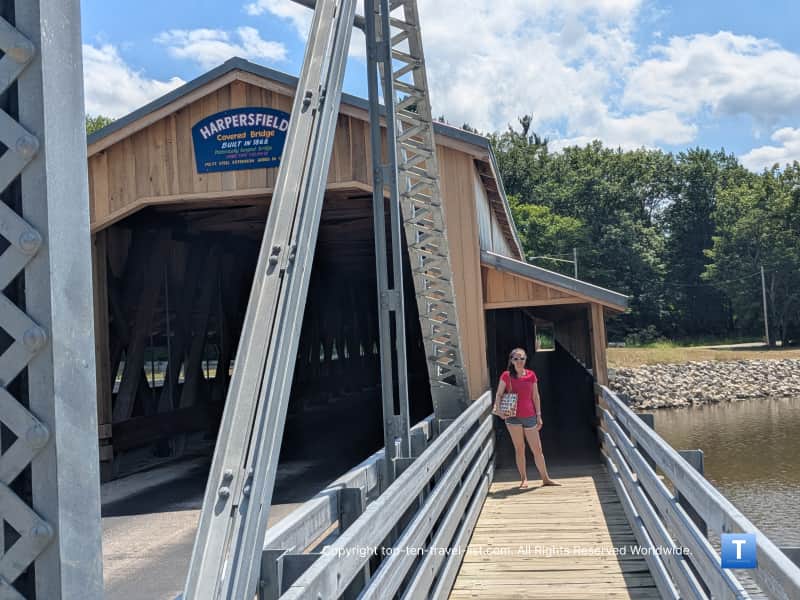 Pedestrian walkway on Harpersfield covered bridge in Ohio