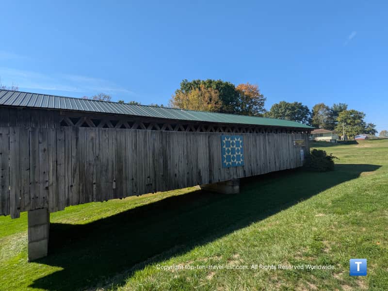 Barn quilt art on the Graham Road covered bridge in Ohio