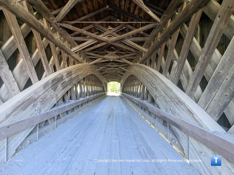 Walk through Benetka Road covered bridge in Ohio