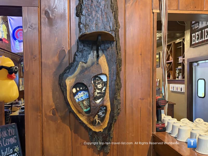Quirky Bigfoot decor at Sasquatch Jacks in Waverly, Iowa