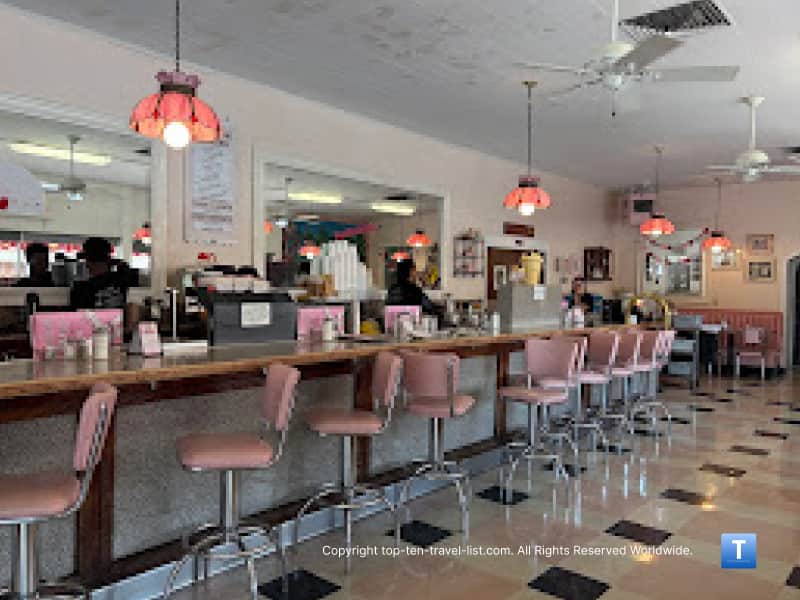 Old school pink bar stools at the Sugar Bowl in Scottsdale