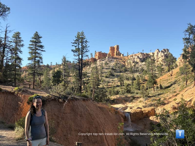 View of the Tropic Ditch waterfall from the Mossy Cave trail at Bryce Canyon