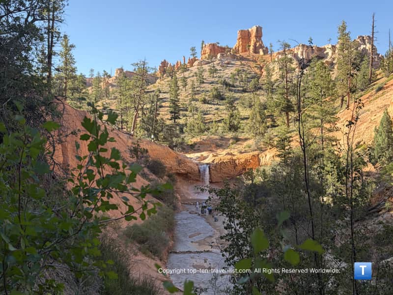View of the Mossy Cave waterfall at Bryce Canyon National Park