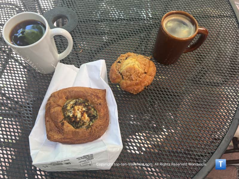 Blueberry muffin and spinach cheese danish at Late for the Train in Flagstaff