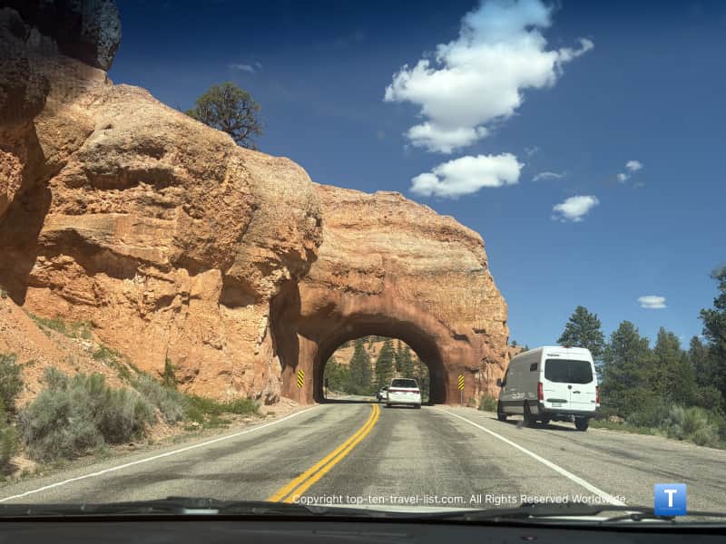 Man made red rock tunnels on the US 12 Scenic Drive in Utah