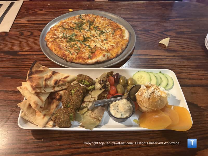 The Mediterranean Platter and Five Cheese Pizza at Beaver Street Brewery in Flagstaff