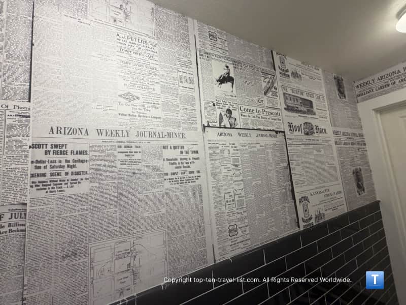 Newspaper wallpaper in the bathroom of the Hotel St. Michael in Prescott, Arizona 